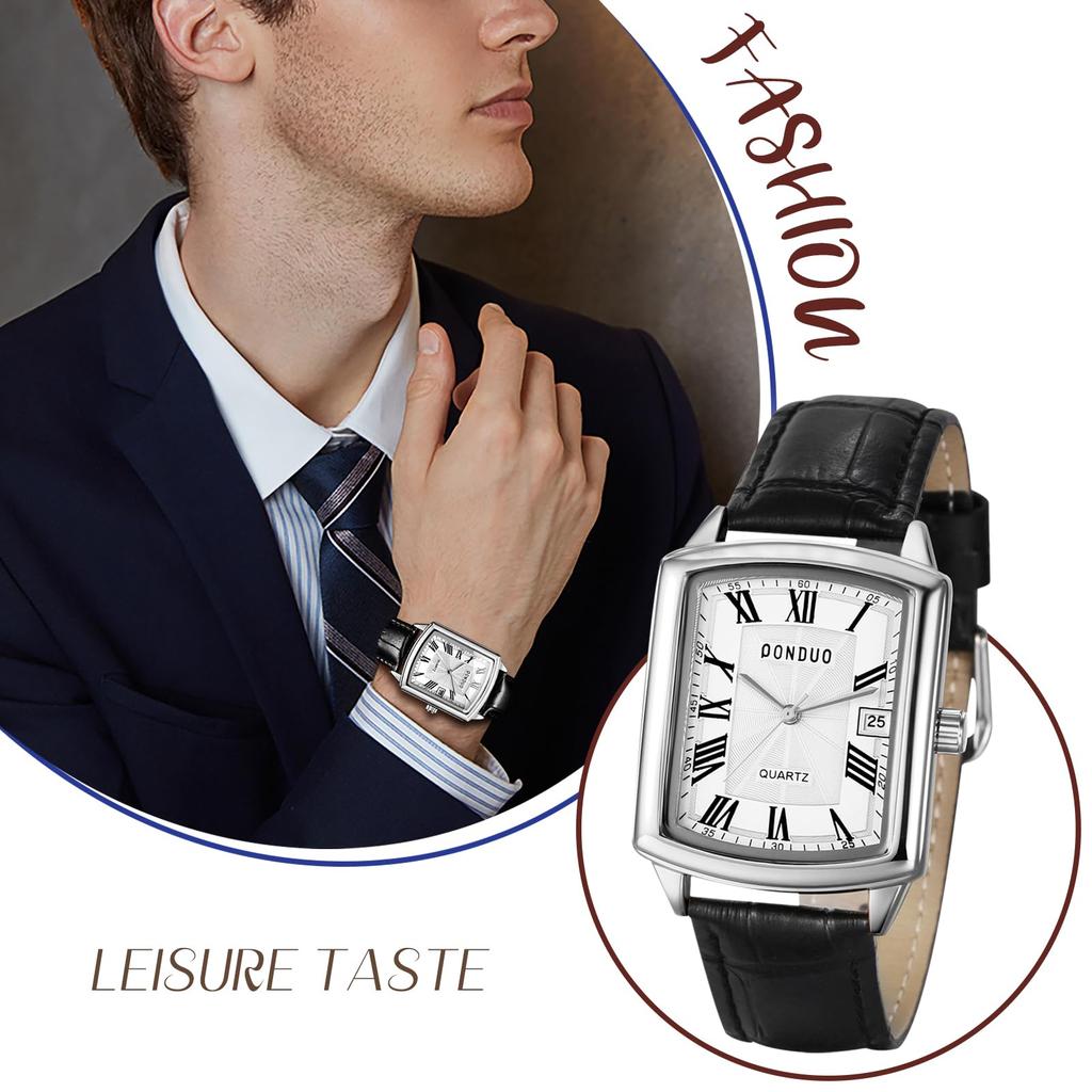 Herren quadratische wasserdichte Lederuhr: Quarzarmbanduhr mit Lederarmband, rechteckiges Zifferblatt, römische Ziffern, stilvoll, für Business und Alltag, Weiß