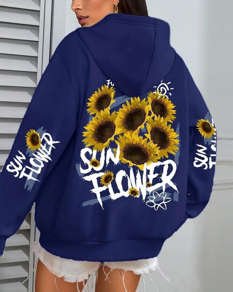 Damen Hoodie mit Sonnenblumen-Graffiti-Print, lockere Passform, mit Taschen