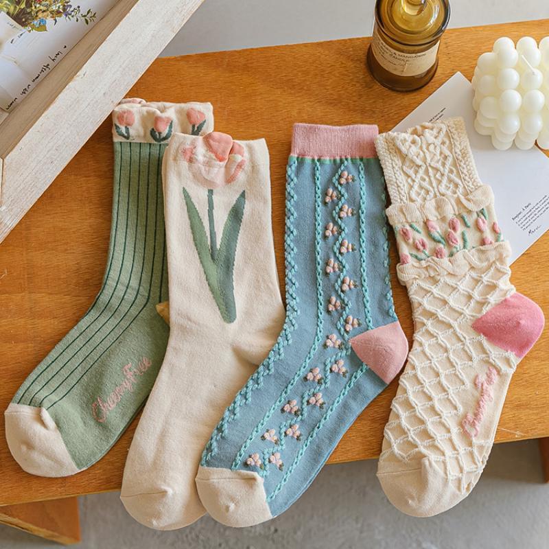Neue Damen Socken Koreanischer Stil Blume Trend Lässig Baumwolle Mädchen Rüschen Niedlich Süß Atmungsaktiv Kawaii Crew
