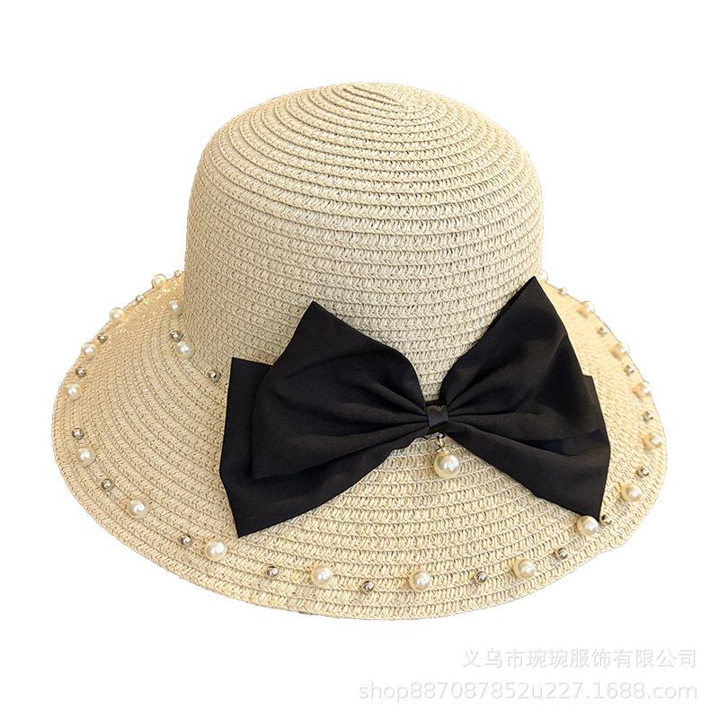 Summer Beach Travel Vacation Pearl Bow Straw Hat Women's Fashion Sunscreen Sun Hat Versatile Shade Beach Hat