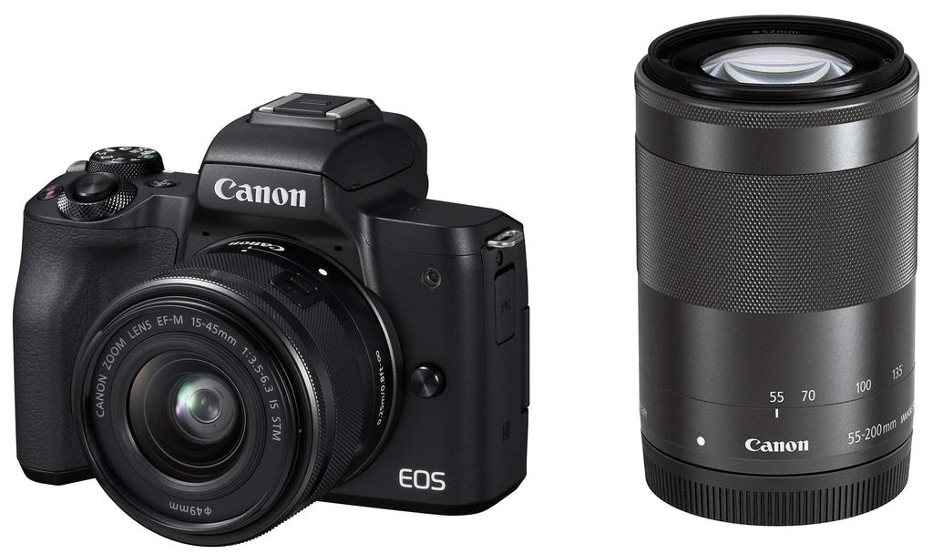 Canon EOS Kiss M Mirrorless Camera with Double Zoom Kit (Black) (EOSKISSMBK-WZK)
