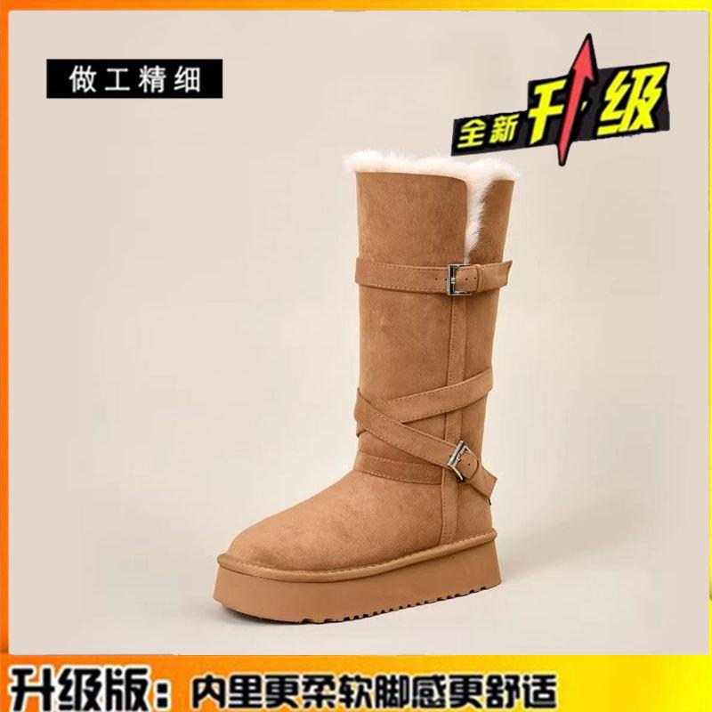 Real fur integrated warm thick-soled snow boots women's winter new buckle medium tube women's thickened cotton shoes