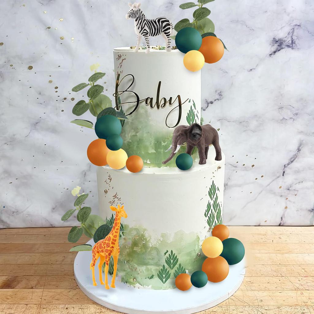 21PCS Realistic Safari Jungle Animal Cake Toppers Colorful Balls Cake Decorations for Wild Themed Birthday  Party Supplies