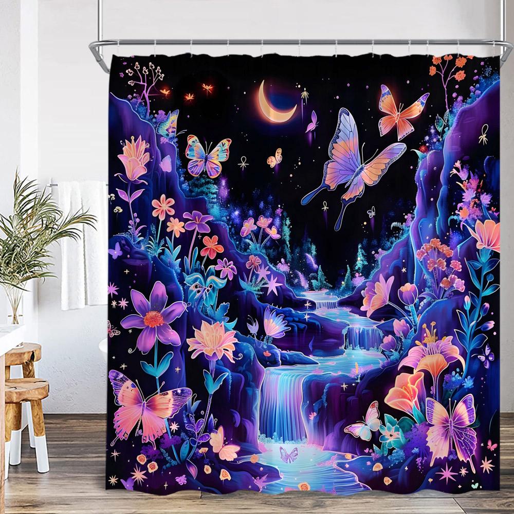 Rideau de douche Art Forêt Fantastique Lumière Polaire Papillon Psychédélique Sorcière Magique Nuit Lune Décor de Salle de Bain Rideau de Bain en Polyester