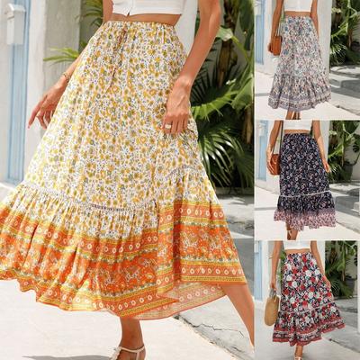 Women Spring Summer Floral Dress High Waist A-Line Long Maxi Skirt