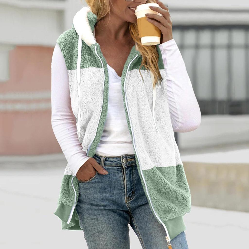 Felpe con cappuccio larghe con cuciture alla moda da donna, senza maniche, in peluche, con cerniera