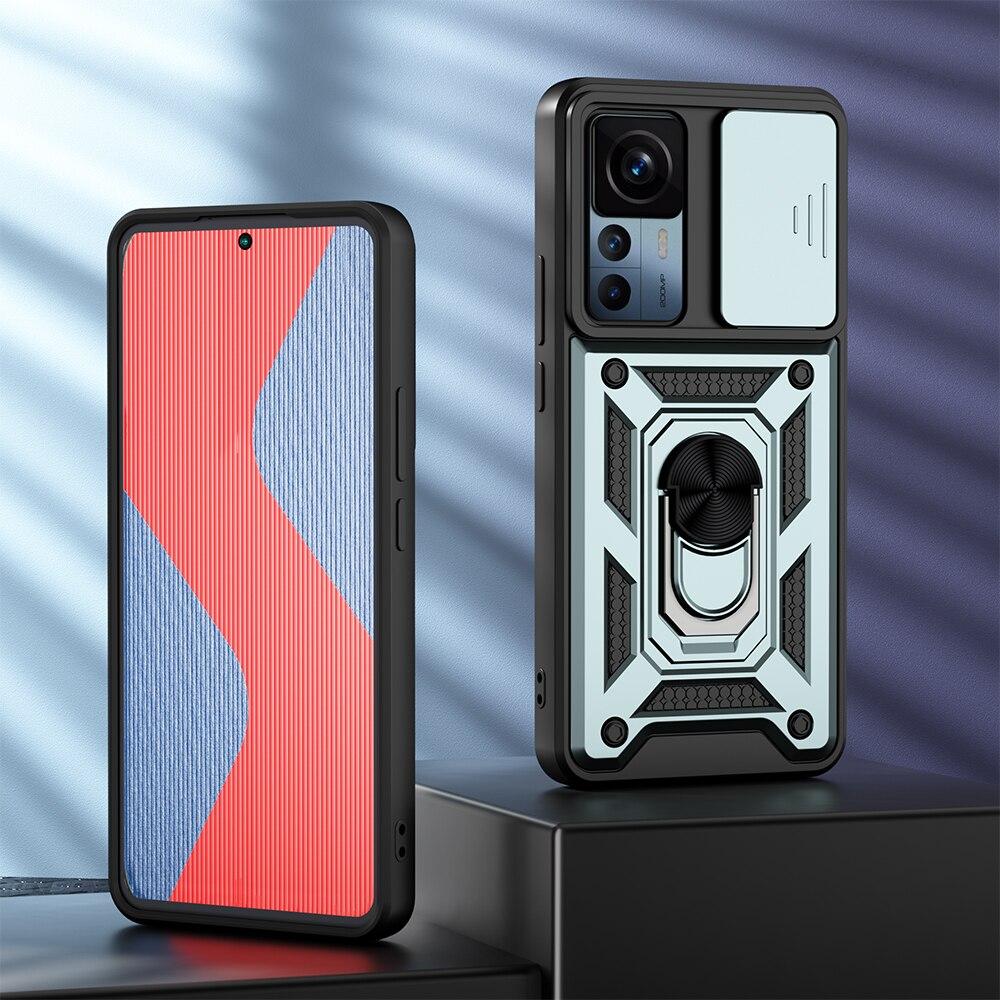 KEYSION Shockproof Case for Xiaomi 12T Pro 5G Push Pull Camera Protection Ring Stand Phone Cover for Redmi K50 Ultra