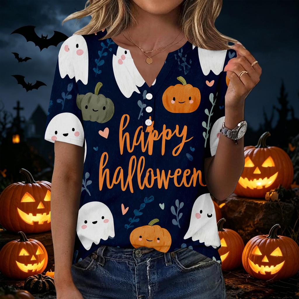 Womens Halloween Print V Neck Short Sleeve Button T Shirt Casual Loose Fit Top with Pumpkin and Bat Design Suitable for Daily Wear