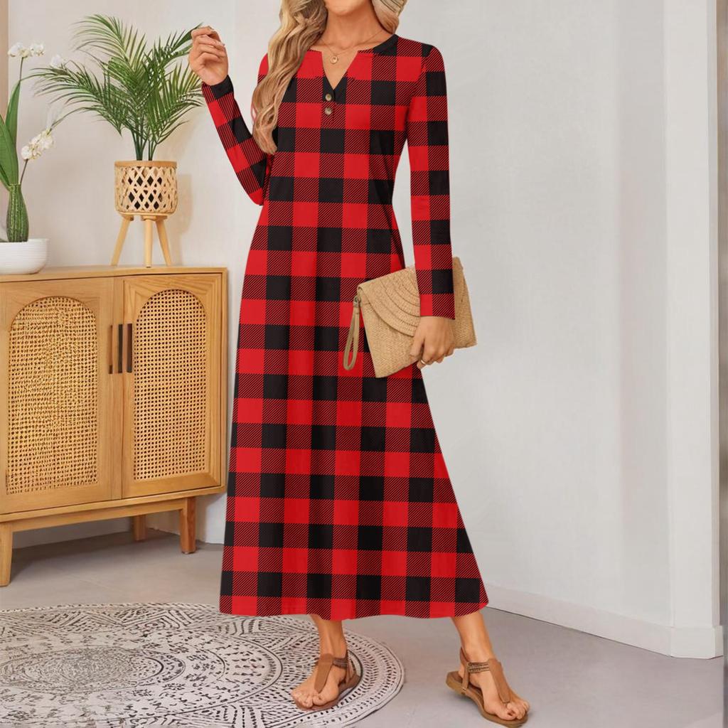 Damen Karomuster Langarm Bequemes Lockeres Kleid Elegantes Kleid