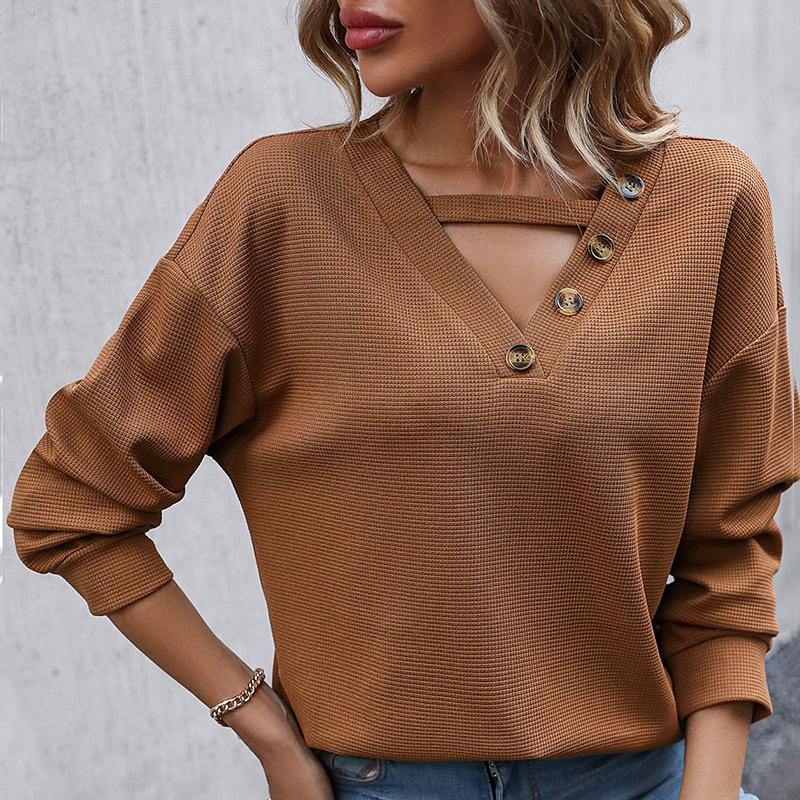 Kvinner Vår Høst Langermet Hollow Out V-hals Ensfarget Pullover T-skjorte bluse