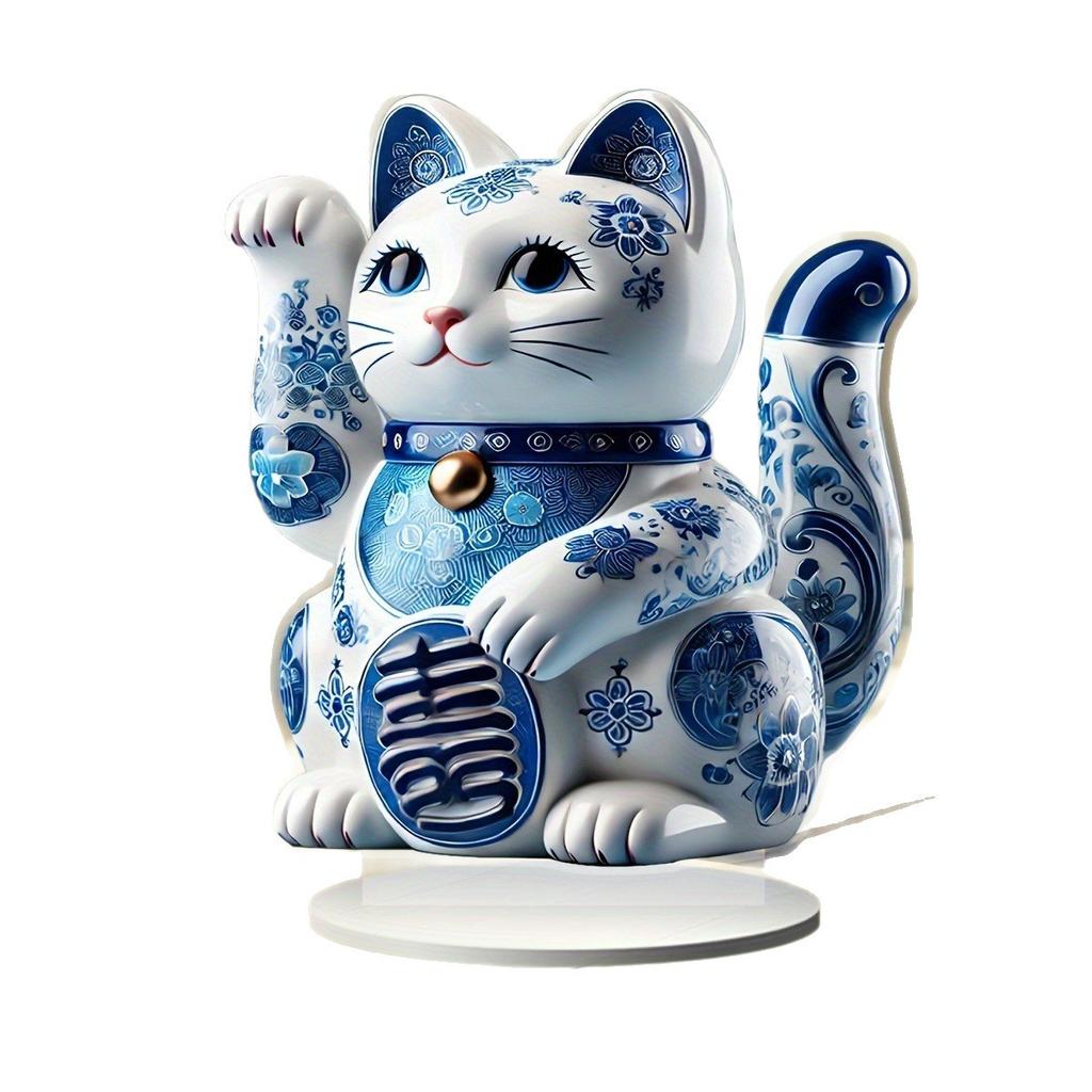 2D Blue White Porcelain Cat Ornament with Acrylic Bracket - Waterproof Multi Functional Home, Four Seasons Decoration, Novelty Home Decor