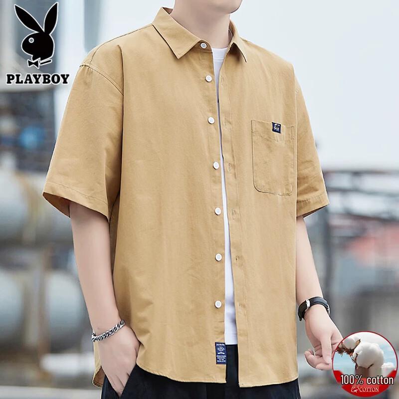 PLAYBOY Men s 100% Cotton Casual Mid-Sleeve Shirt 3XL хаки