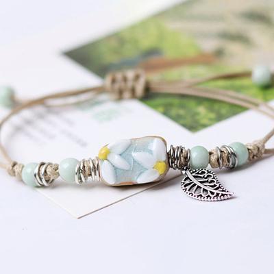 Handmade Sunflower Leaf Ceramic Bracelet Boho Adjustable Jewelry For Women Vintage Ethnic Gift