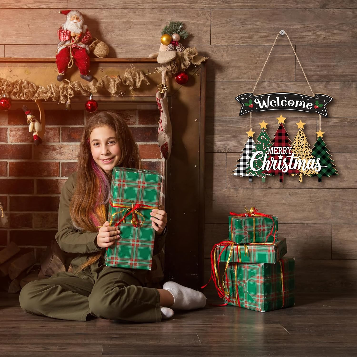 Merry Christmas Wreath Hanging Sign For Front Door, Wooden Welcome Wreath Sign With Christmas Tree For Festive Office Rustic Farmhouse Wall Window