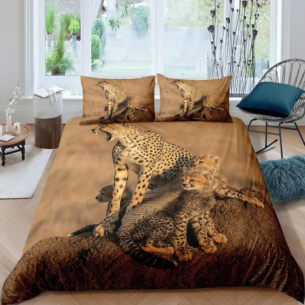 Leopard Comforter Cover Set King Fierce Cheetah Duvet Cover Safari Wild Animal Bed Cover Teens Bedroom Decor 2/3Pcs Bedding Set