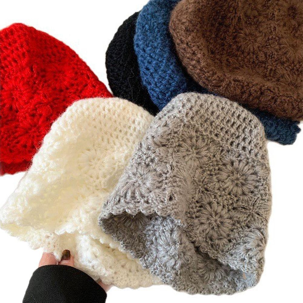 Hollow Mesh Knitted Hat Handmade Crochet Skullies Cap Retro Bucket Hat For Women
