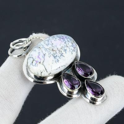 Dendriten Opal, Amethyst Edelstein Silber Anhänger, 925 Sterling Silber Schmuck Anhänger, Natürlicher Dendriten Opal Anhänger für Frauen/ Für Sie