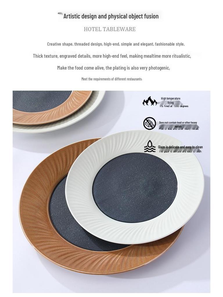 High-End Multi-Color Ceramic Dinnerware Set: Western Plates, Soup Bowls, Salad Bowls, and Wide-Edged Flat Plates for Commercial Use.
