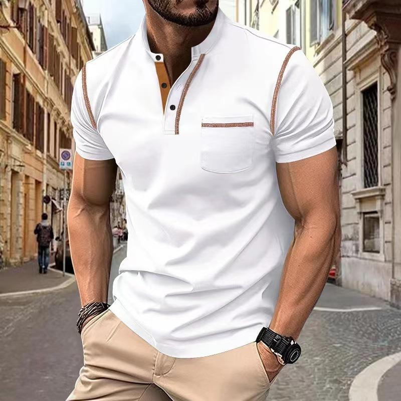 Mens Pearl Cotton Henley T Shirt Casual Button Neck Short Sleeve Pocket Top S