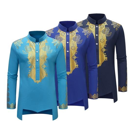 Camisa masculina primavera outono estilo étnico gola alta botões decote manga comprida pulôver tops estampa frente costas baixas camisa alta