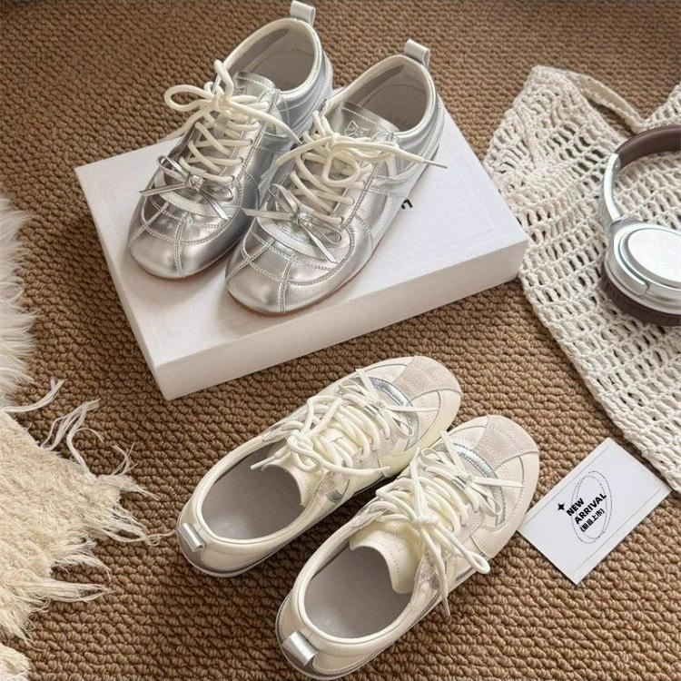 2025 Autumn Height Increase 5cm Ballet Training Shoes Women's Soft Leather Korean Style Mary Jane Silver Single Shoes Casual Shoes