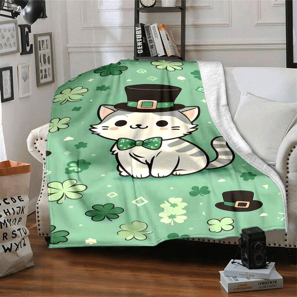 1pc cat shamrock blanket Lightweight Flannel Throw for Sofa Bed Travel Camping Livingroom Office Couch Chair