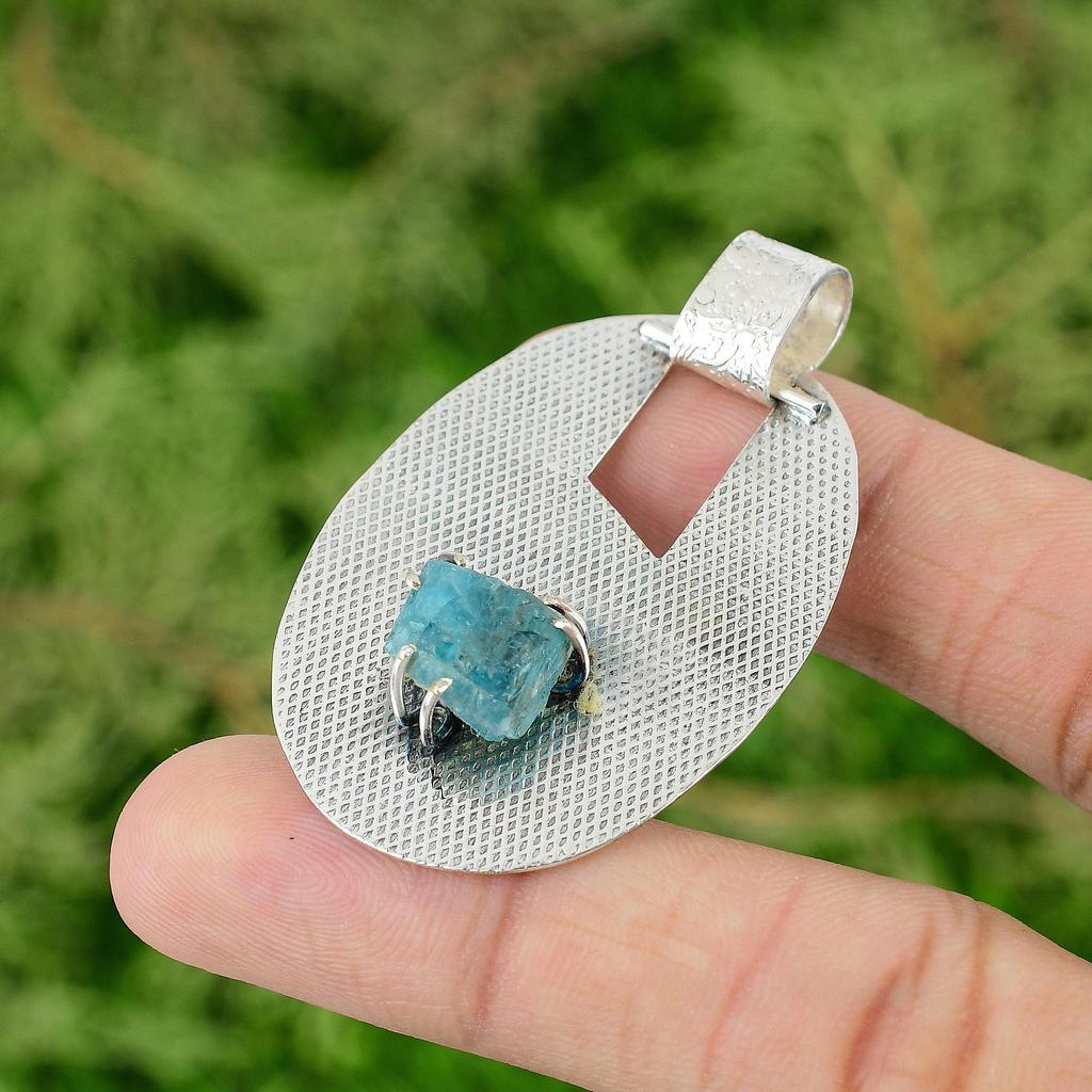 925 Sterling Silver Octagon Natural Neon Apatite Rough Wife Boho Pendant Jewelry