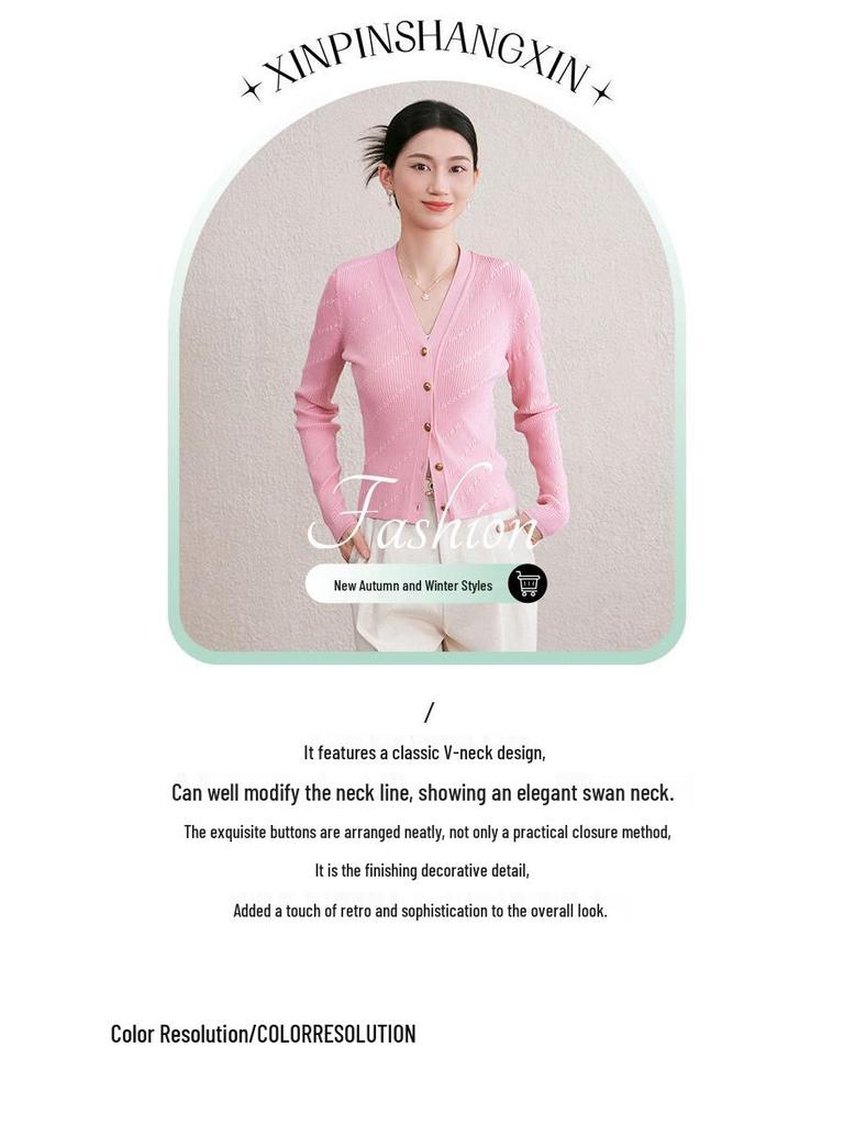 2025 Autumn/Winter V-neck Long Sleeve Single-Breasted Diagonal Stripe Knit Cardigan Outerwear