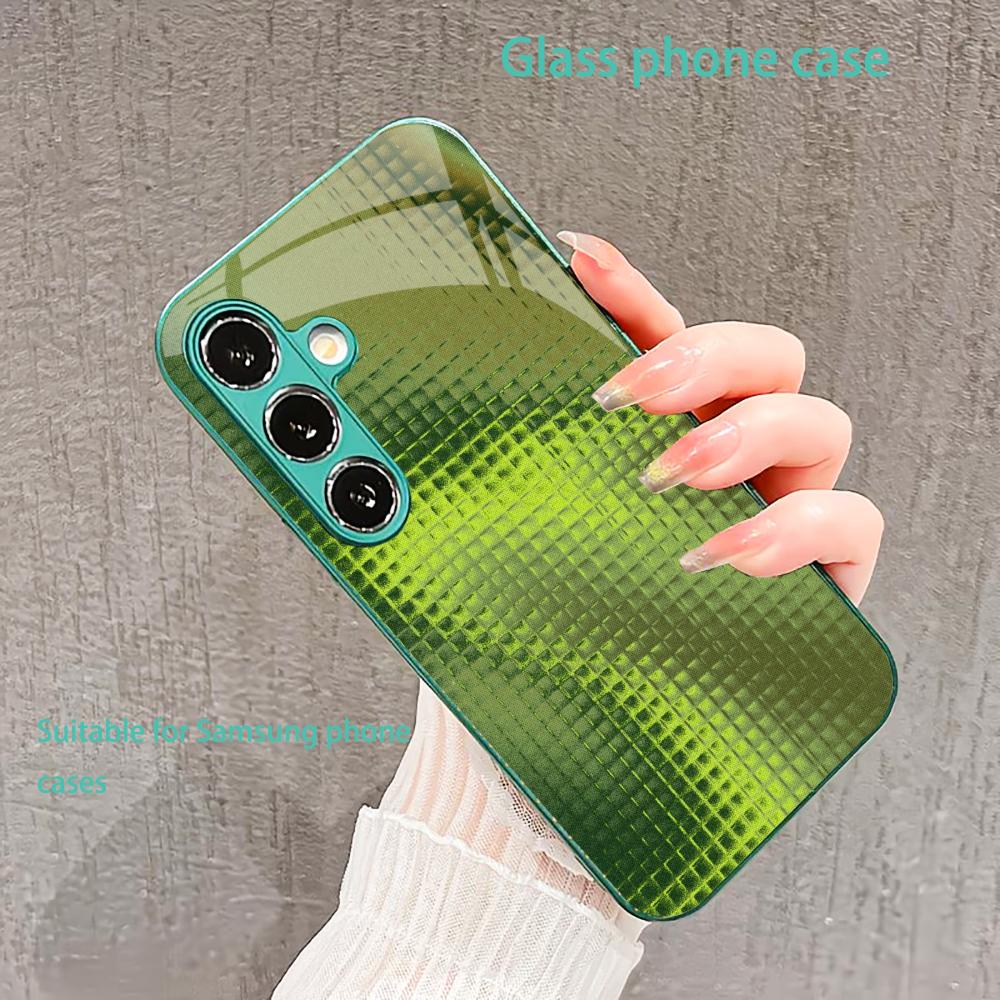 Grid-structured crystal Glass PhoneCase for Samsung Galaxy S26 S25 S24 S23 S22 S21 FE Ultra Plus Built-in glass green Exquisite