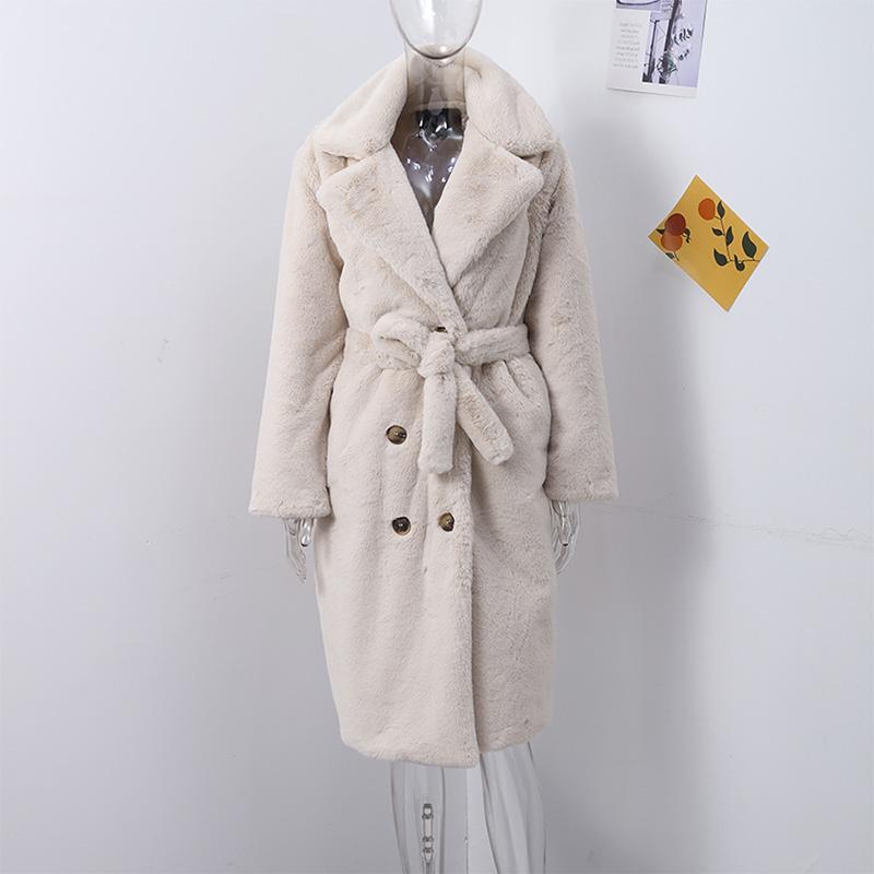 Dámský podzimní zimní zahuštěný dlouhý kabát z norkového sametu, luxusní bunda z imitace králičí kožešiny s páskem, klopami, trenčkot