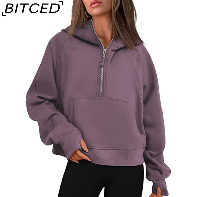 BITCED Autumn/Winter Yoga Wear Women's Sports Half-Zip Hooded Sweatshirt Loose-Fit Fleece-Lined Women's Casual Top