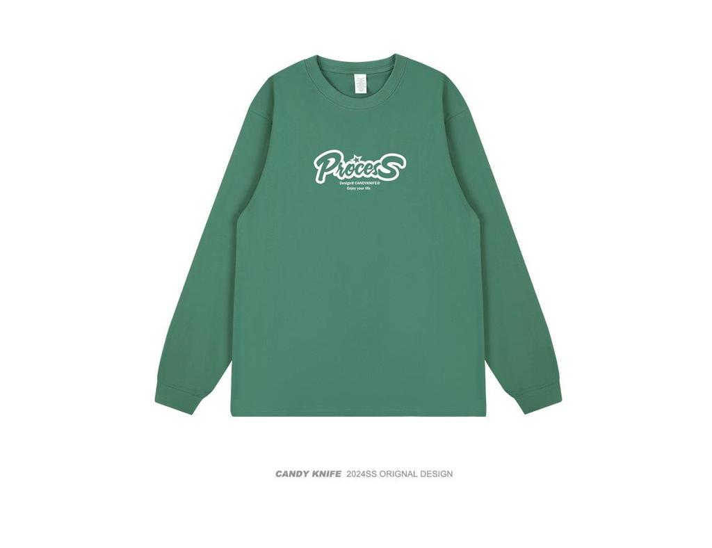 Hong Kong Retro Letter Print Unisex Loose-Fit Cotton Long Sleeve T-Shirt