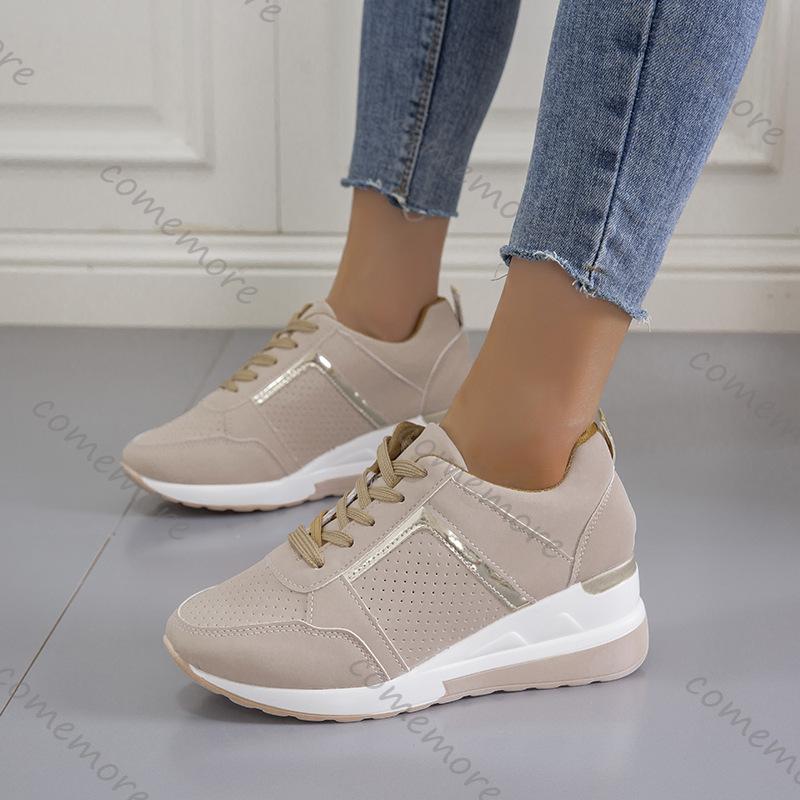 Fashion Comemore Large Size Sports Casual Shoes Thick Bottom Wedges Heel Sneakers Solid Lace Up Breathable Tennis Women's Single Shoes
