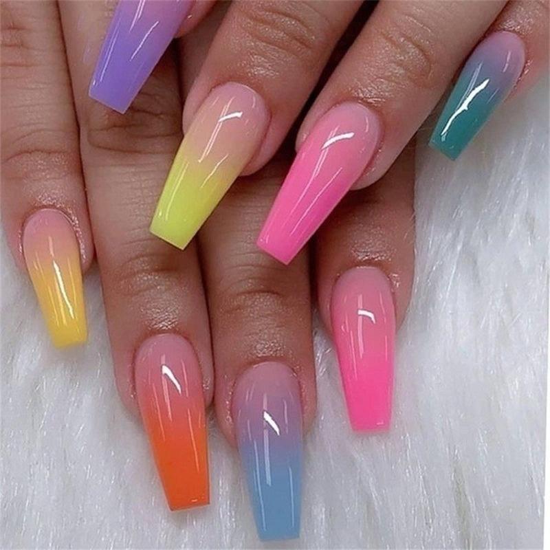 24pcs/bag Long Coffin Fake Nails Rainbow Ballerina Full Cover Nail Art Tips Beauty Artificial False Nails Manicure Charms