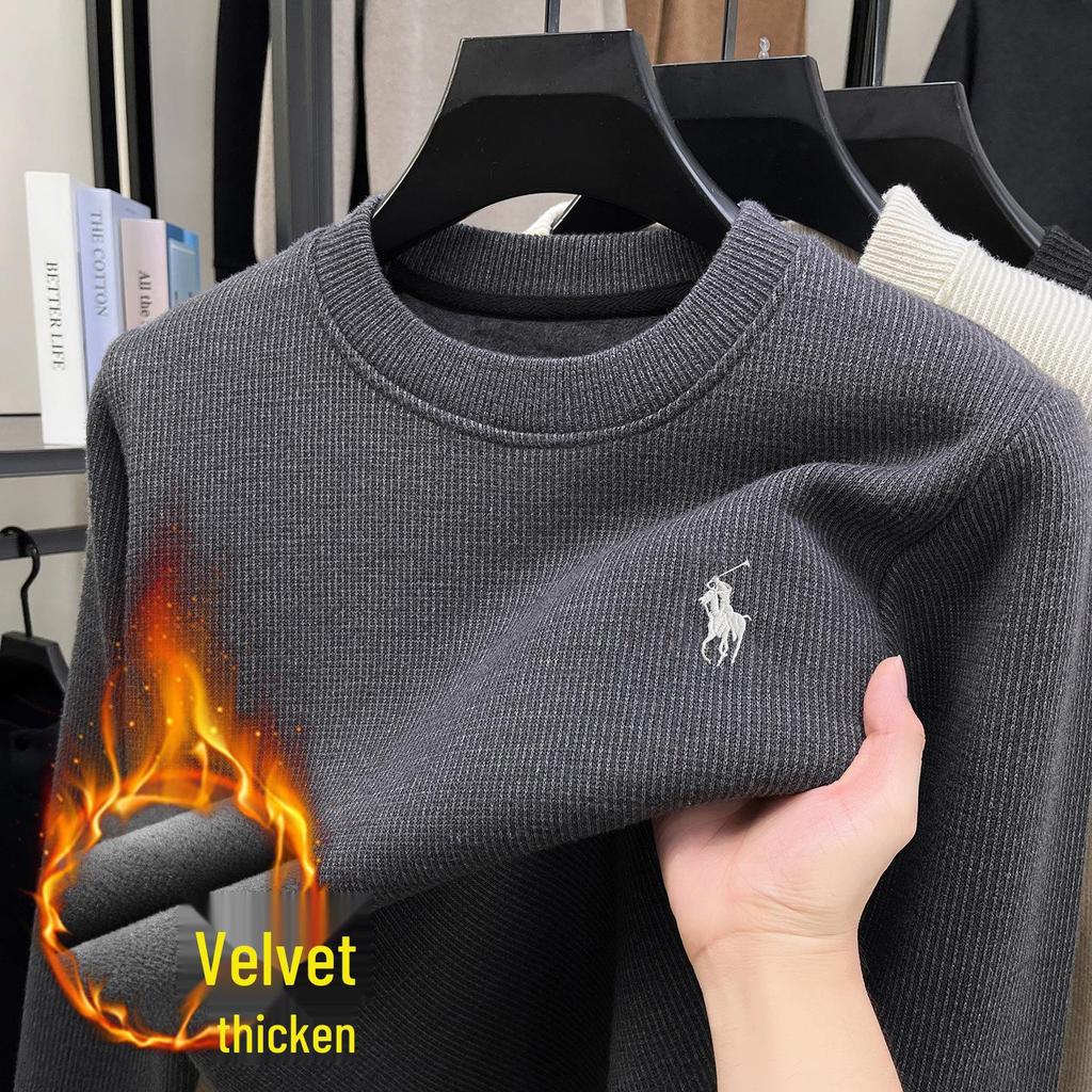 2025 Winter Herren Koreanischer Samt Dicke Kapuzenpullover - Rundhalsausschnitt, Bestickt, Warm, Lässiger Einfarbiger Basislayer
