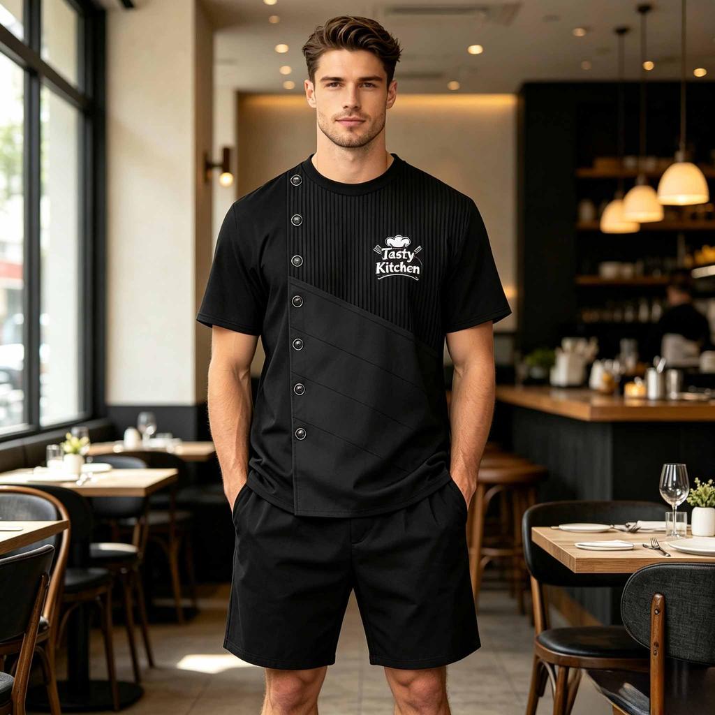Męska koszulka z krótkim rękawem, styl haftu z nadrukiem, koszulka z logo uniformu kuchennego dla personelu kuchennego restauracji, hotelu