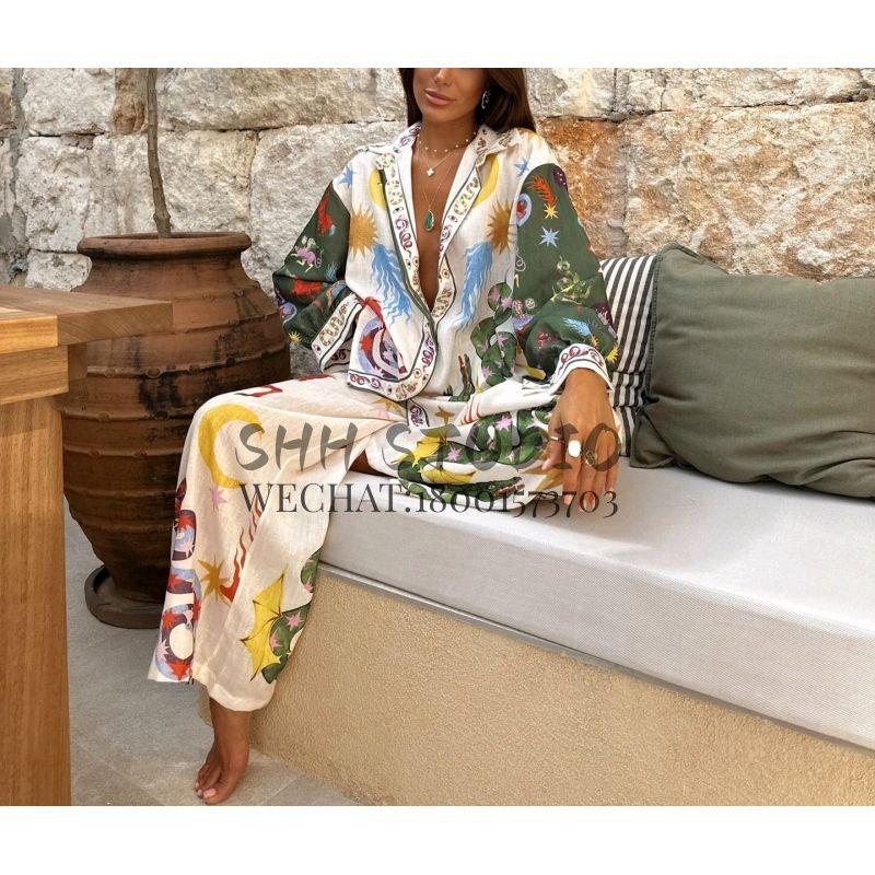 Spring New Women's Clothing Fashion Trendy Bohemia Lapel Long Sleeves Print Shirt High Waist Straight-Leg Pants