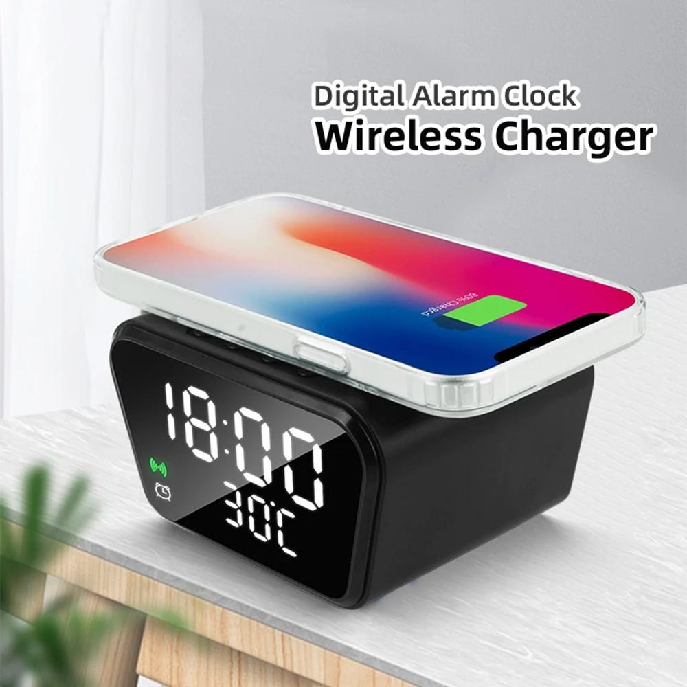 Alarm Clock 15W Wireless Charging Alarm Clock Intelligent Wireless Charger Time Calendar Temperature Display LED Digital Clock