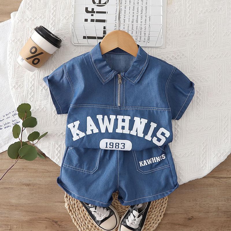 Children Cotton Clothes Summer Child Boy Cartoon Denim Solid Shirt Short 2Pcs/set Infant Kid Toddler Tracksuit 0-5 Years