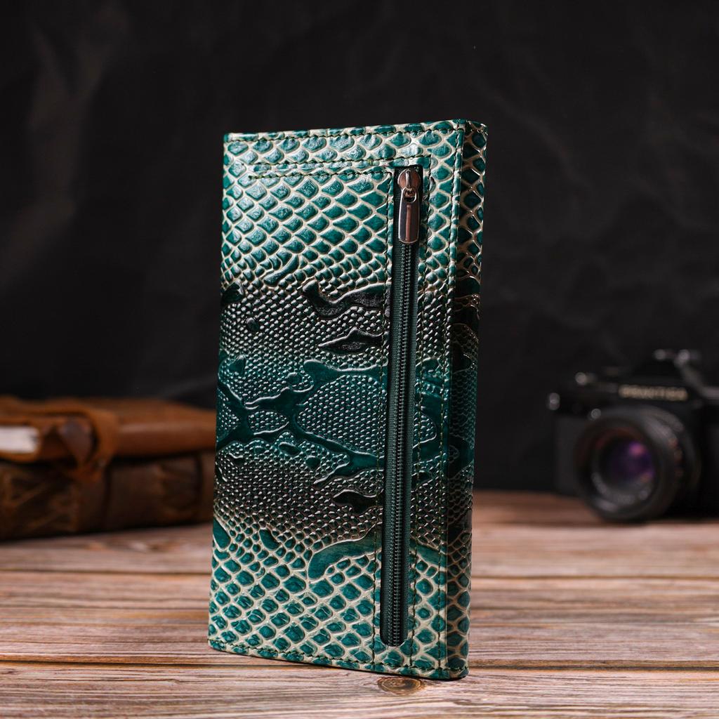 Patent Wallet for Women Made of Genuine Textured Leather with Reptile Embossing CANPELLINI 21824 Green