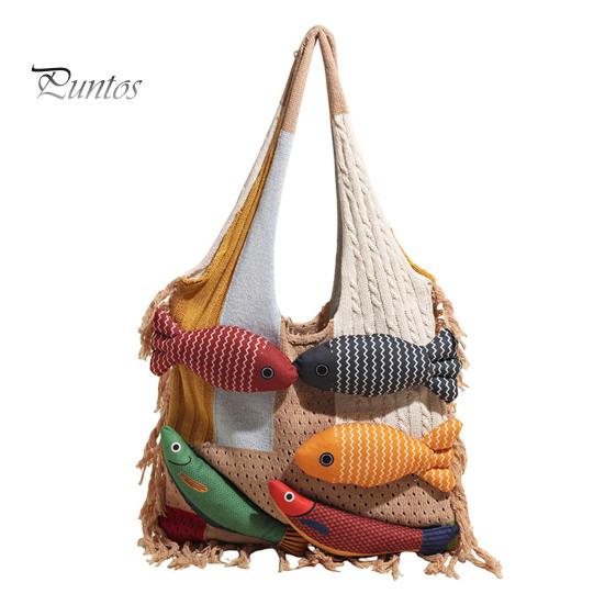 Fish Decoration Knitted Bag 3D Tote, Patchwork Shoulder with Tassels, Colorful Boho Women Purse for Daily Commuting Travel Shopping Practical Sundries