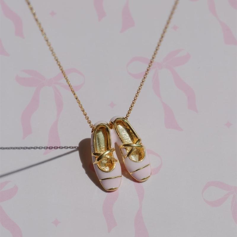 Romance Pink Ballet Shoe Necklace with Diamonds Accent for Sweet and Elegant Women's Fashion Accessory