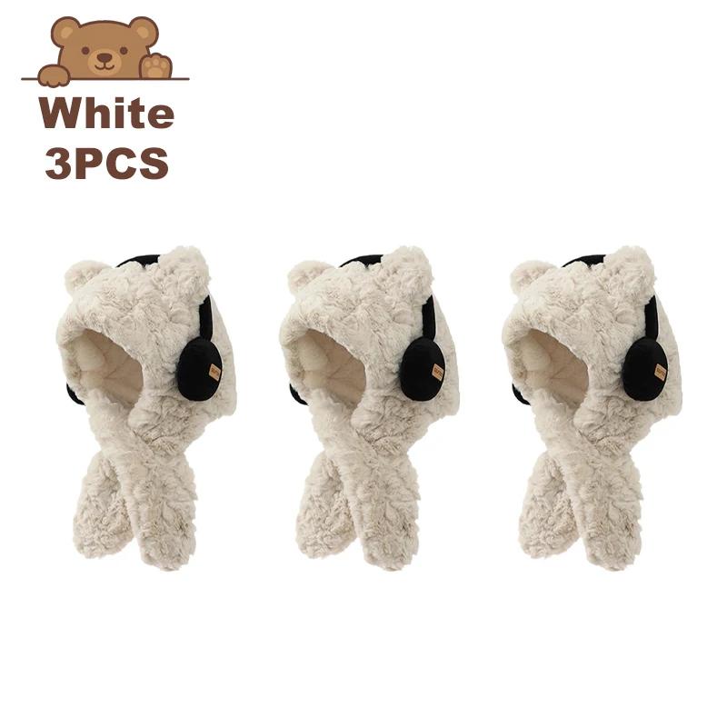 Bear with Headphone Hoodie Hat Scarf Set for Girls Winter Thickened Plush Earmuffs Warm Cap for Children Cute Outdoor Wear