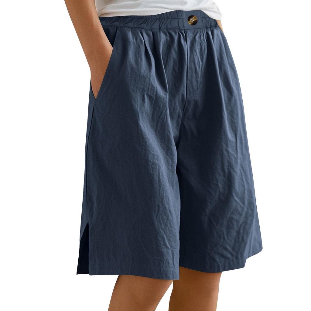 Women's Fashion Solid Color Pants Pocket Button Up Capris Loose Elastic Waist Cotton Linen Shorts