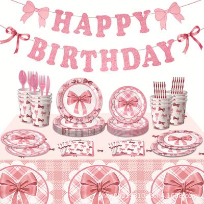 Rosa Schleife Thema Geburtstagsfeier Geschirr Pappteller Pappbecher Papierserviette Tischdecke Flagge Geburtstagsfeier Zubehör