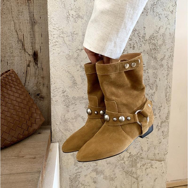 

[] Kawanishi Girl~ GD Edition Rivet Outdoor Heel Western Cowboy Short Boots Women s Martin Boots 35 чорний