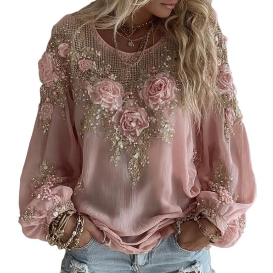 Women Tops Round Neck Long Sleeve Loose Fit Tee Shirt 3D Flower Printing Faux Pearls Decor Pullover Tops Casual Office Wear