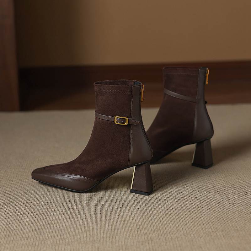 Krazing Pot Flock Cow Skin Square Toe Thick Heels Chelsea Boots Size 42 Beauty Lady Women Modern Fashion Girl Ankle Boots