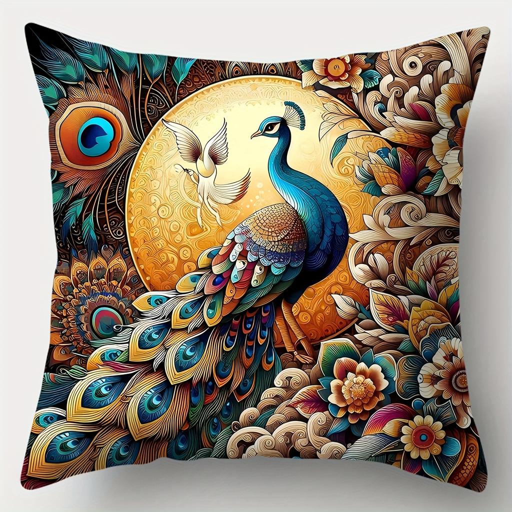 4-piece Peacock-themed Decorative Pillowcase Set, Single-sided Print, Zipper Closure, Bedroom, Office, Car, and Home Decoration