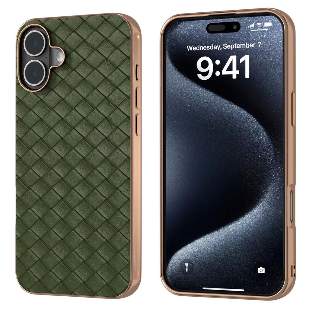 For iPhone 16 Plus Case Woven Texture Electroplating Edge Leather Coated PC+TPU Phone Cover